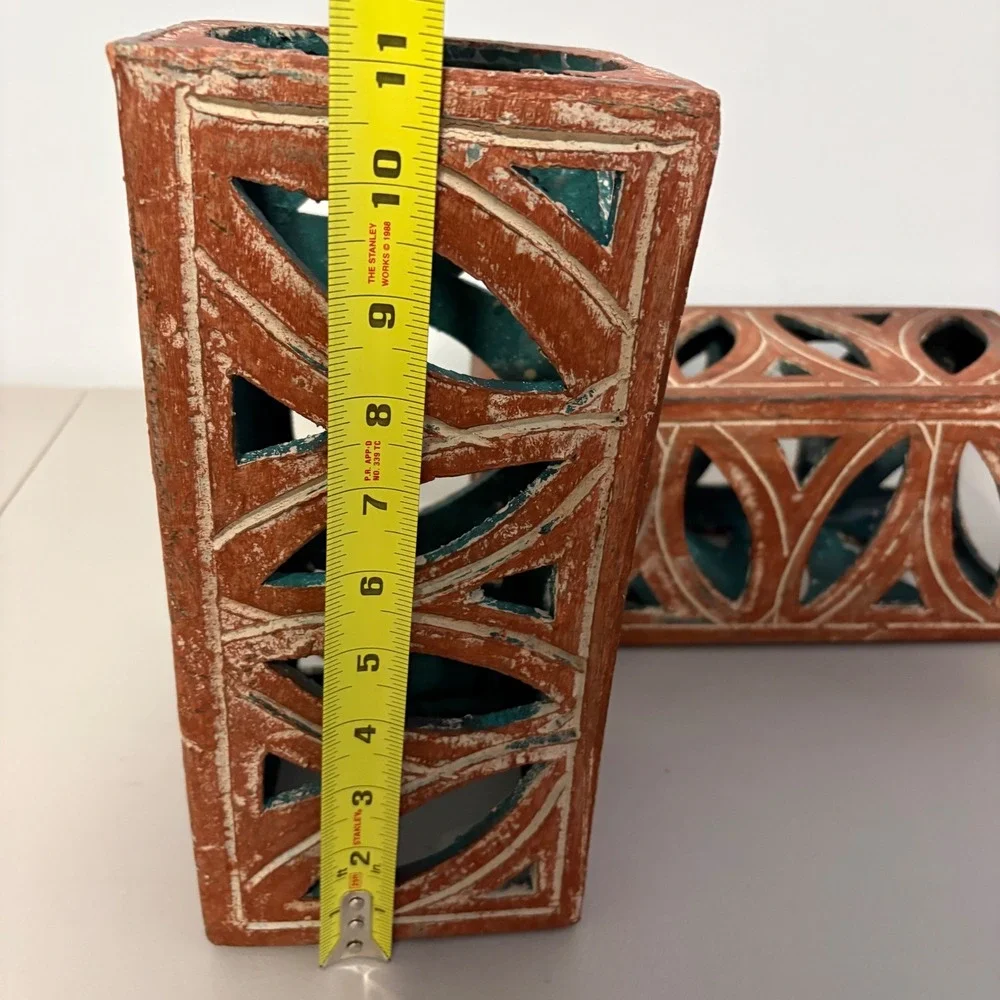 Terracotta Geometric Lattice Candle Lanterns Pair Rustic Teal Interior 10.5in